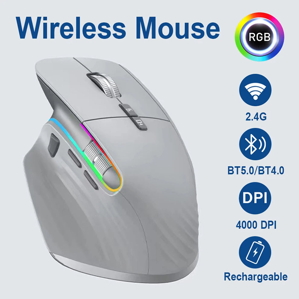 Mouse sem fio multidispositivo Bluetooth 5.0 e 3.0 Mouse 2.4G sem fio